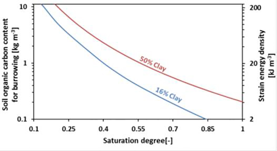 Bioturbation energy requirement expressed as equivalent soil organic carbon for a range of saturation degrees and soil clay contents